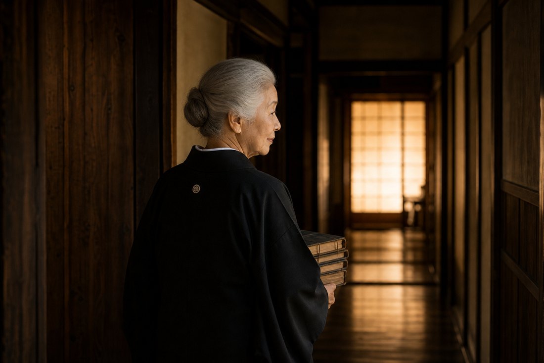 帳面を抱えて廊下を行く